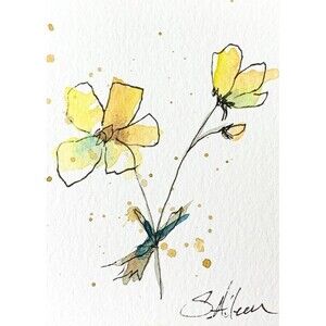 ACEO Painting Watercolor Ink Yellow Flower Green Botanical Minimalist Signed